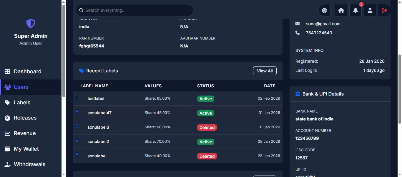 User Labels & Bank Details